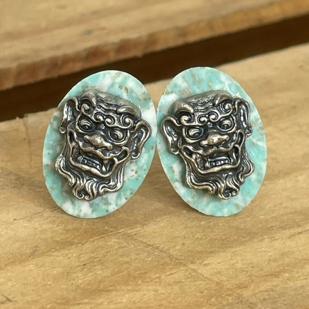 Hickok gargoyle oriental mask Bakelite silver tone cufflinks Made in USA